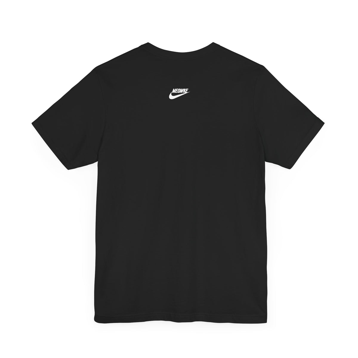 Meowke Swoosh Cat Bottle Funny Graphic T-Shirt in black, back view