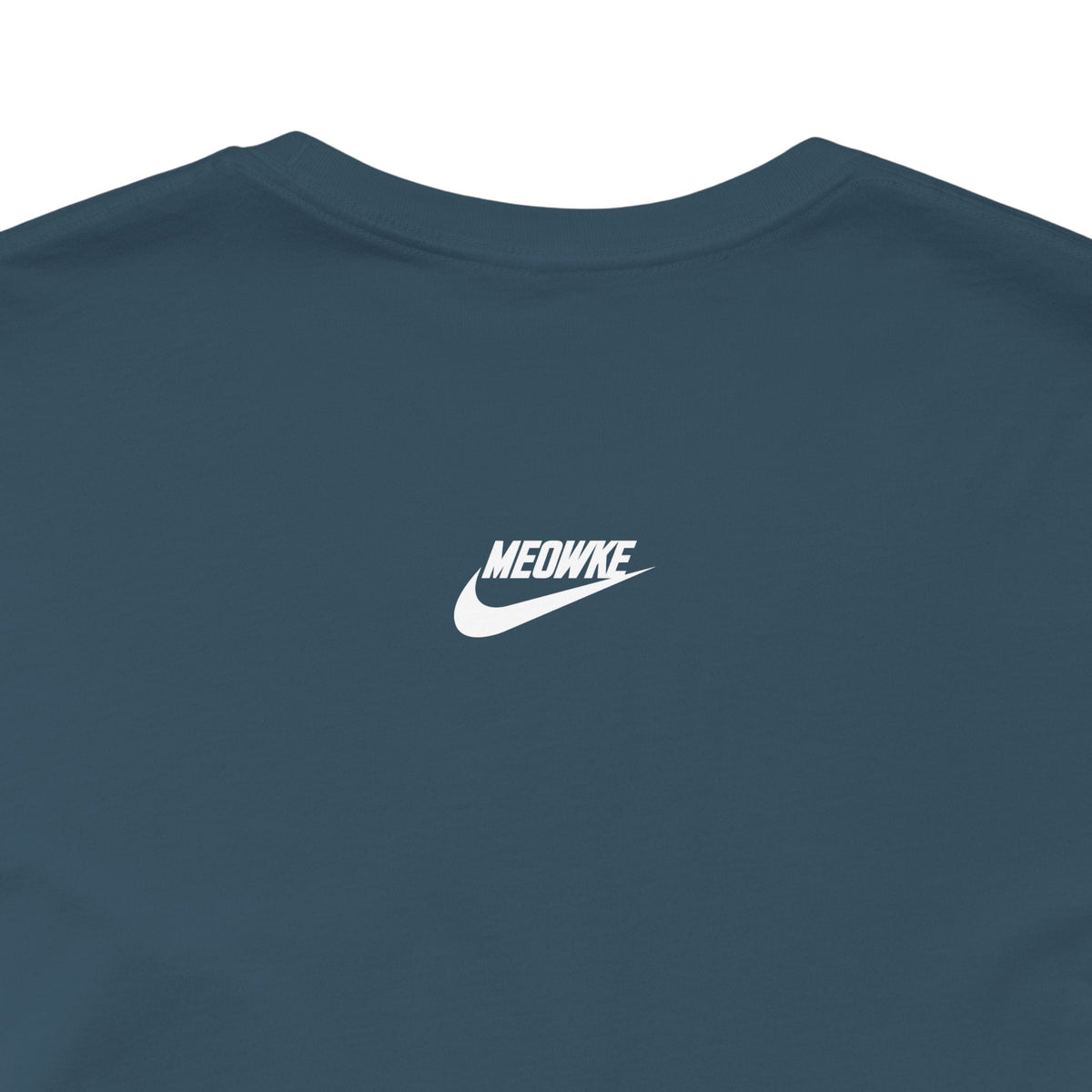 Meowke Swoosh Cat Bottle Funny Graphic T-Shirt in deep teal, close-up of the back print
