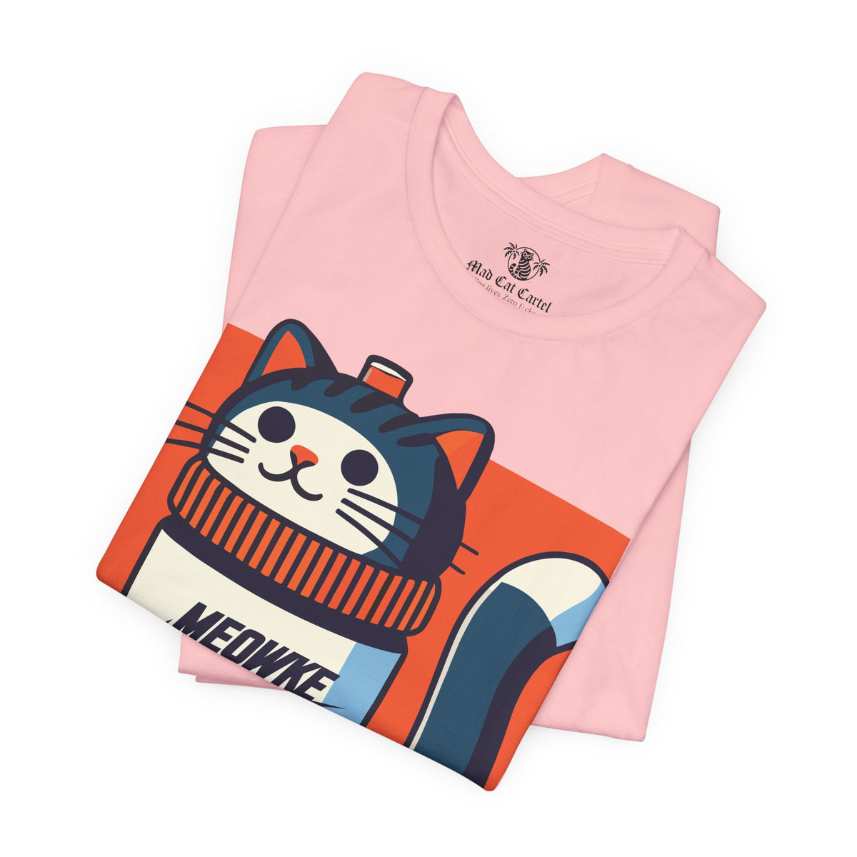 Meowke Swoosh Cat Bottle Funny Graphic T-Shirt in pink, folded