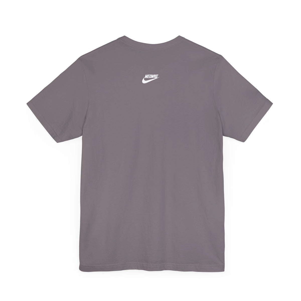 Meowke Swoosh Cat Bottle Funny Graphic T-Shirt in storm, back view