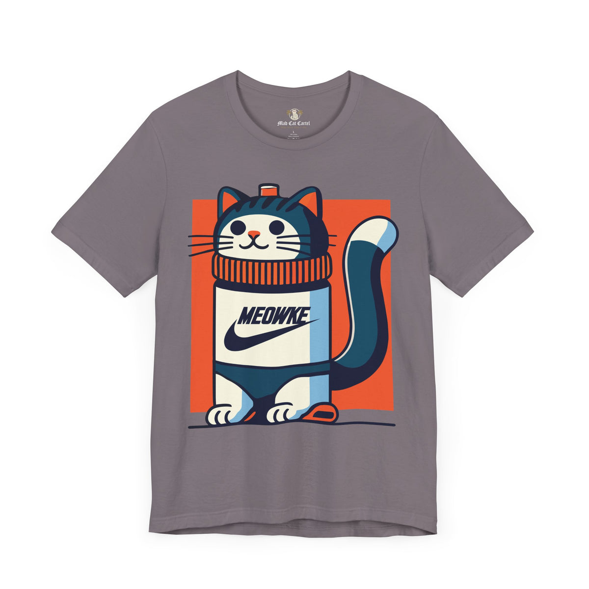 Meowke Swoosh Cat Bottle Funny Graphic T-Shirt in storm, front view