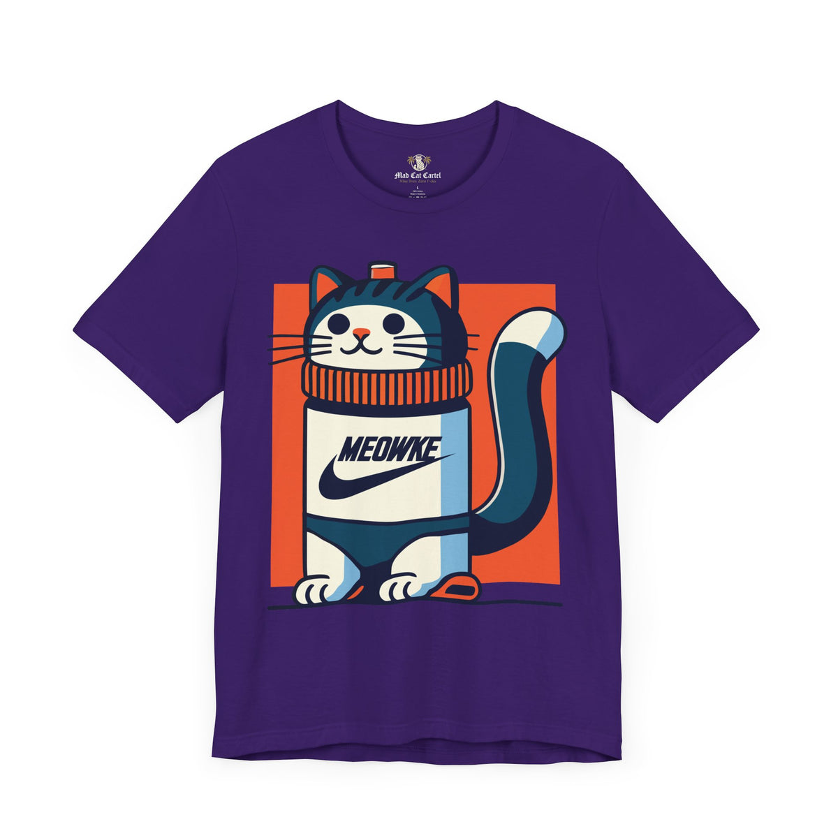 Meowke Swoosh Cat Bottle Funny Graphic T-Shirt in team purple, front view