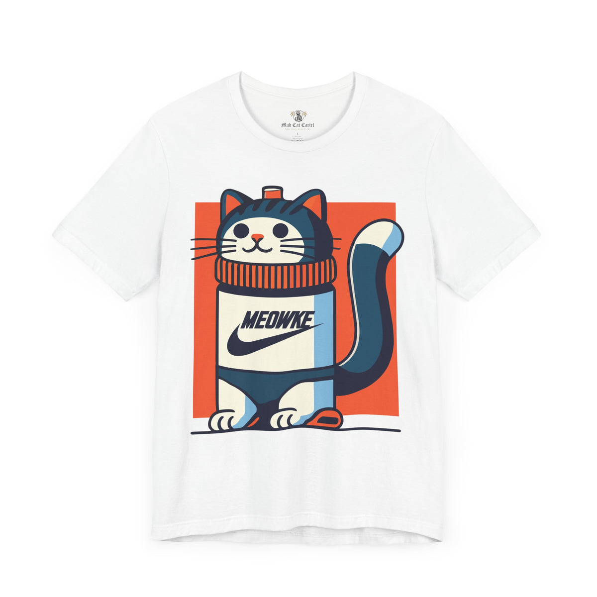 Meowke Swoosh Cat Bottle Funny Graphic T-Shirt in white, front view