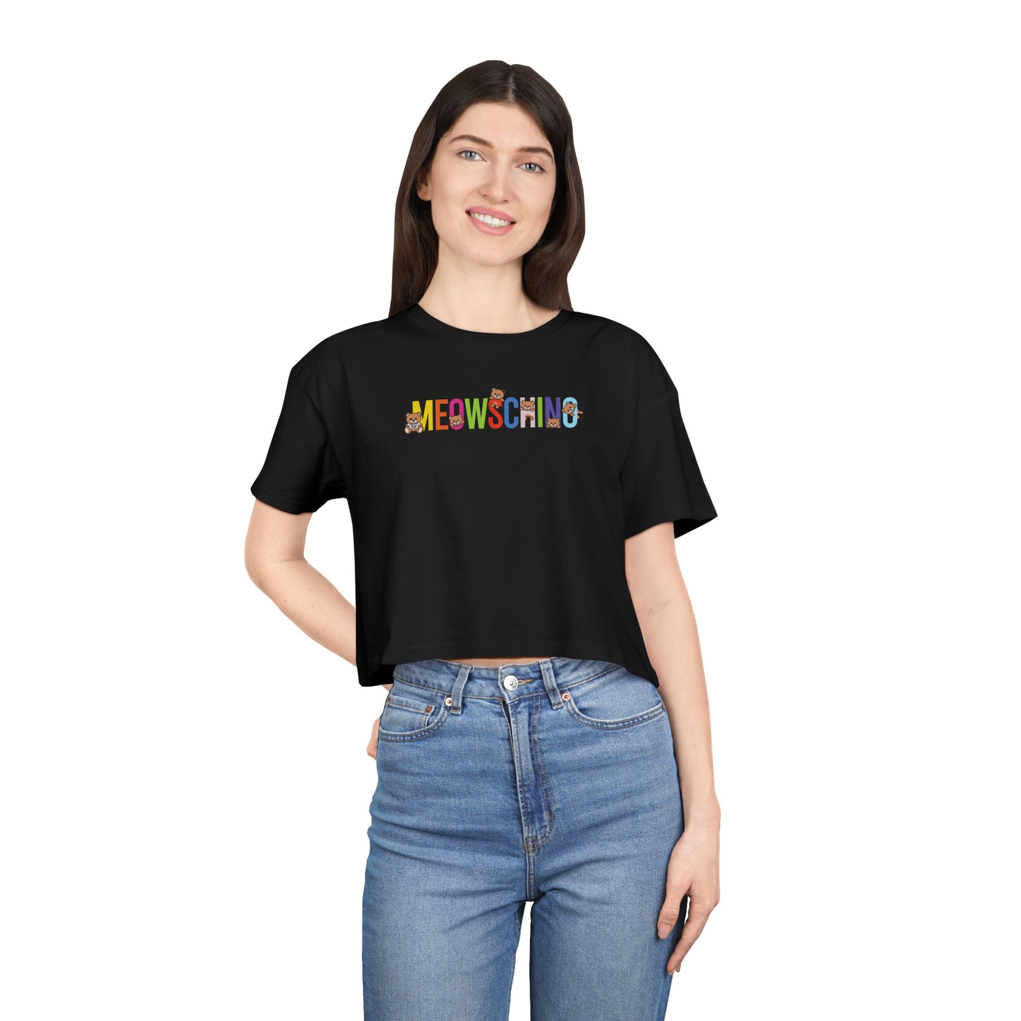 Meowschino Bear Logo Graphic Women's Crop T-Shirt in black, worn by a female model