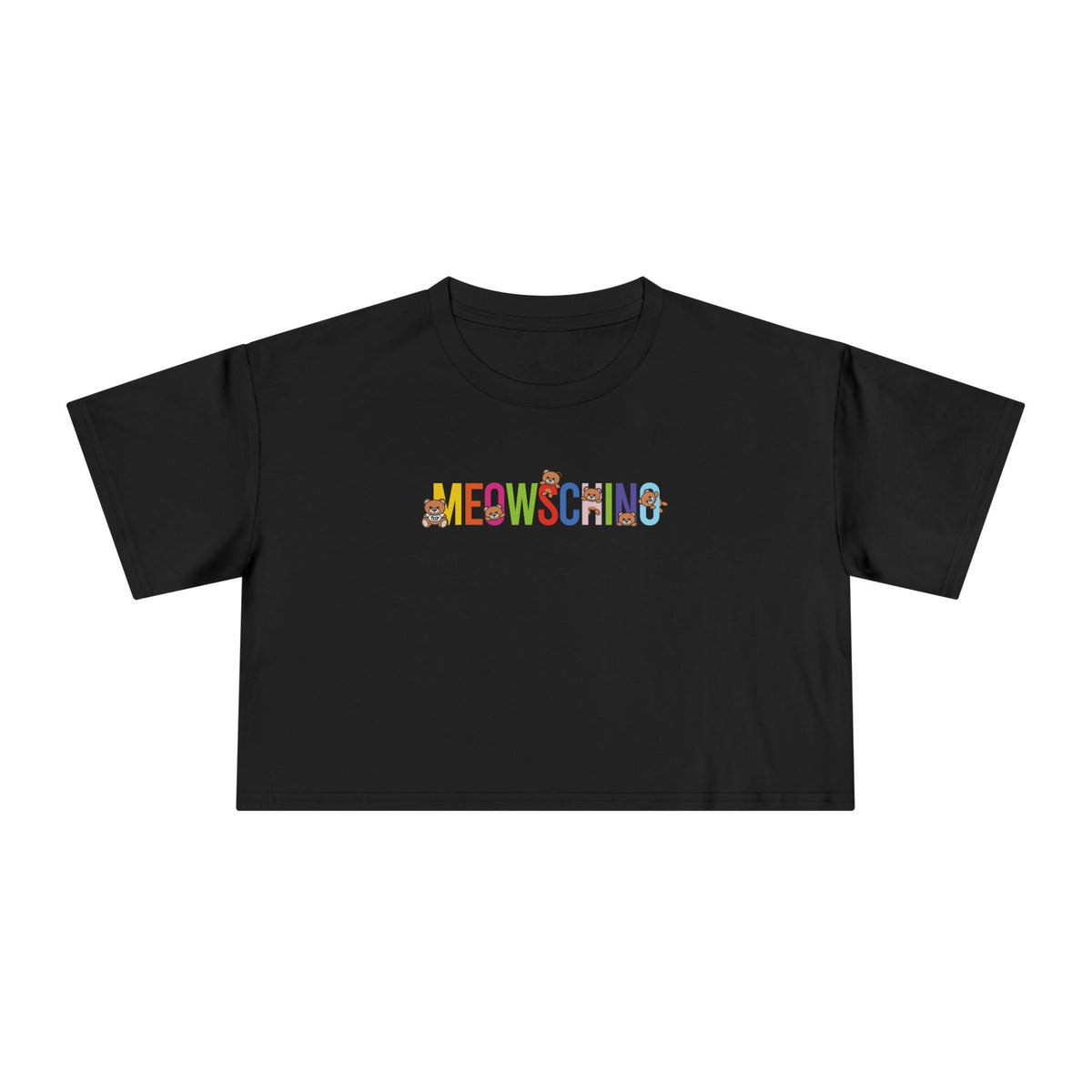 Meowschino Bear Logo Graphic Women's Crop T-Shirt in black, flat lay