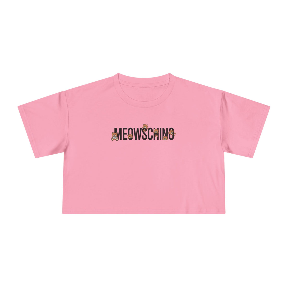 Meowschino Bear Logo Graphic Women's Crop T-Shirt in bubblegum, front view
