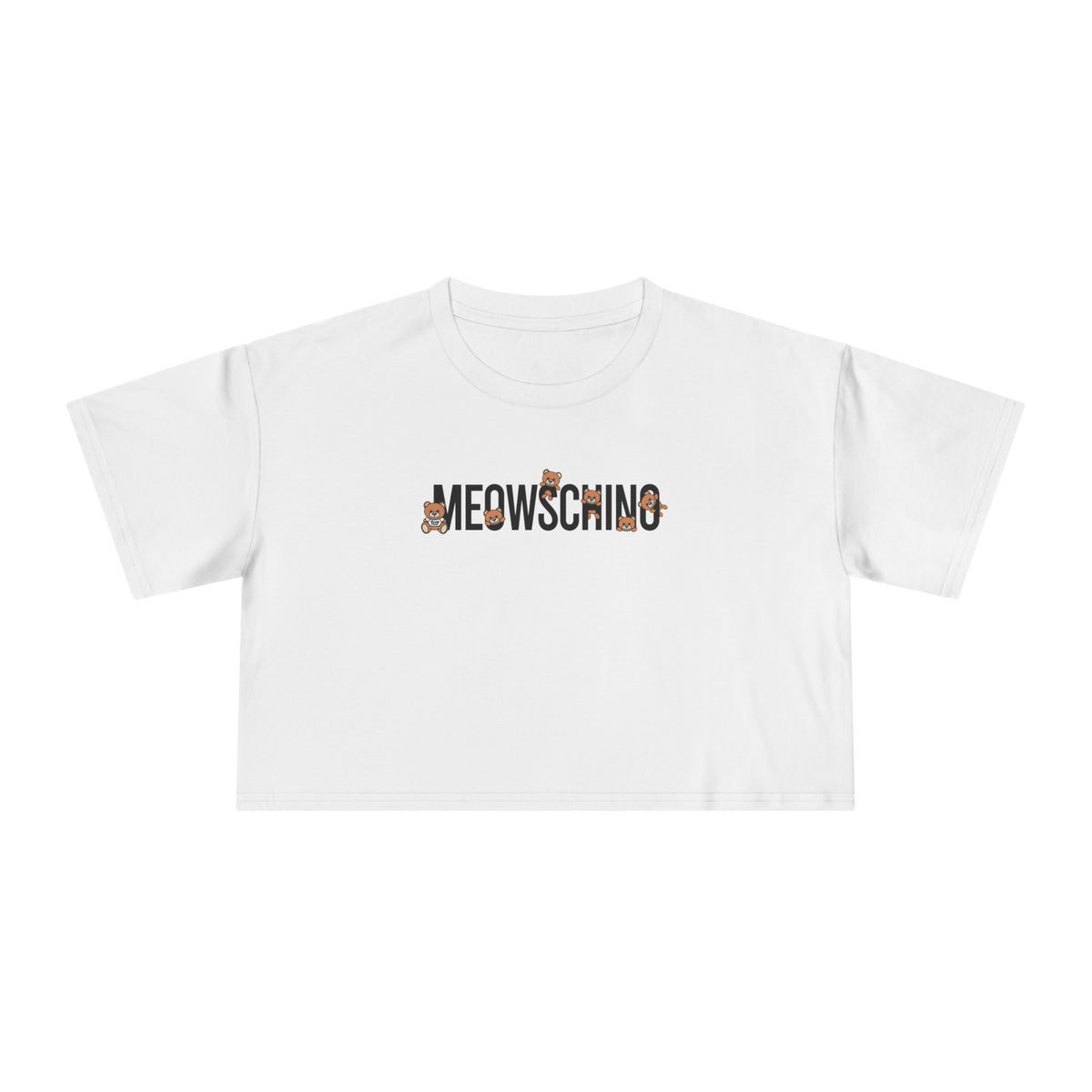 Meowschino Bear Logo Graphic Women's Crop T-Shirt in white, front view