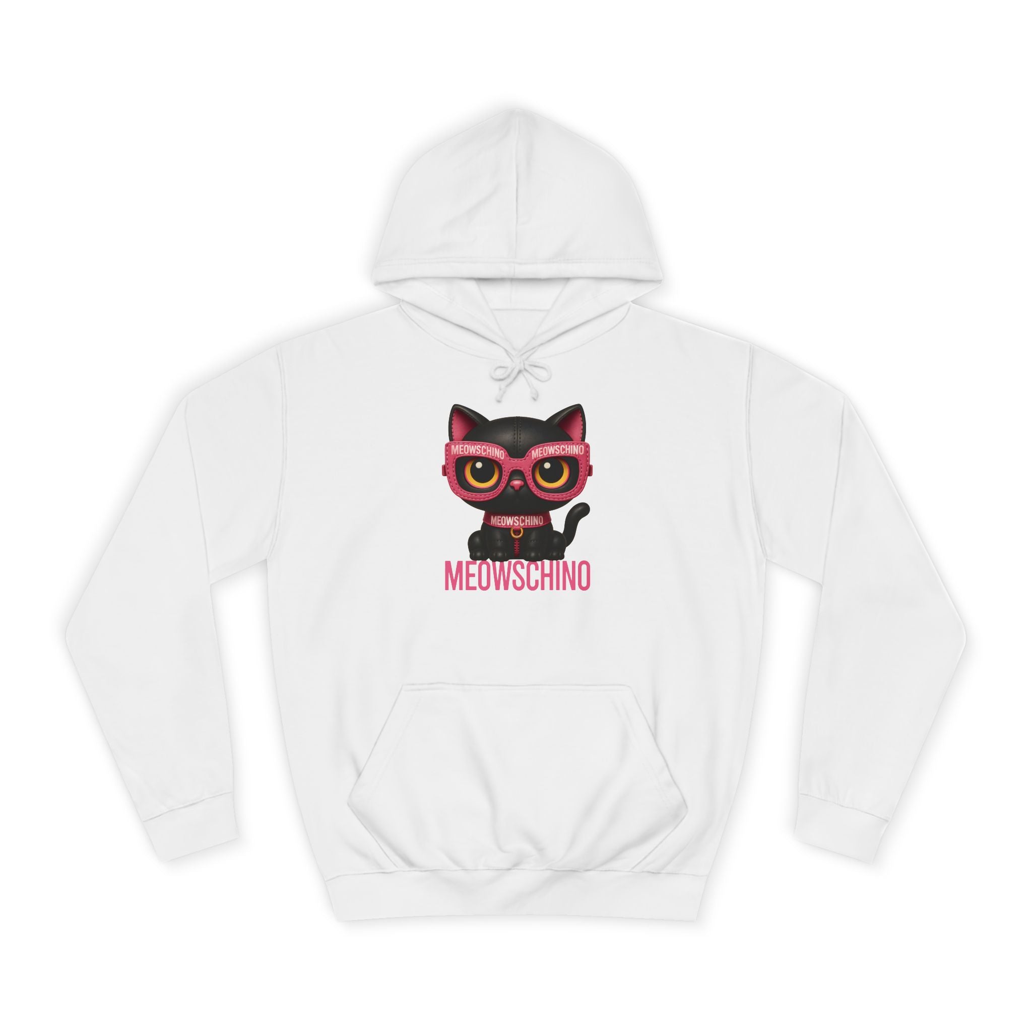 Meowschino Black & Pink Leather Cat Graphic Hoodie in arctic white, front view