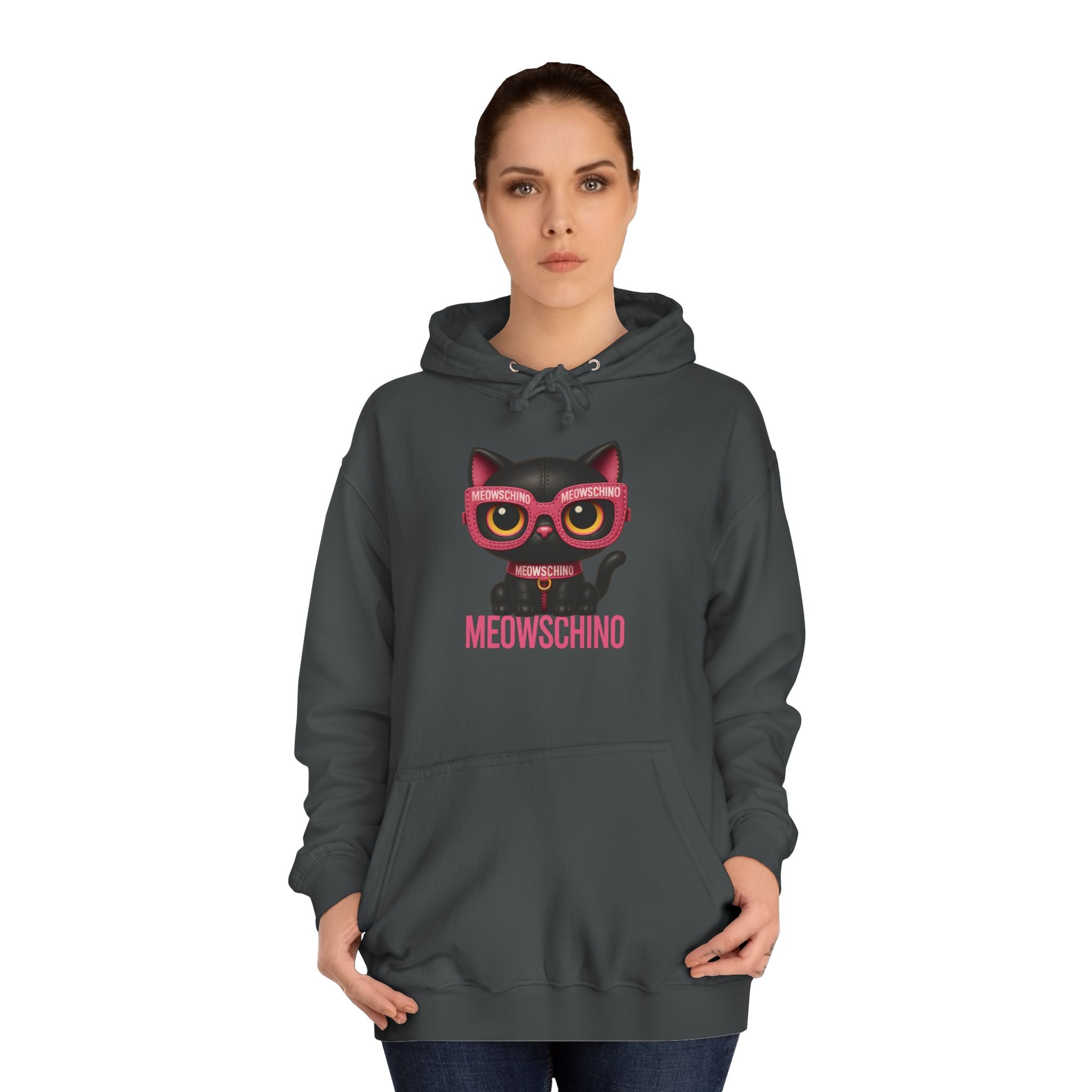 Meowschino Black & Pink Leather Cat Graphic Hoodie in steel grey, worn by a female model