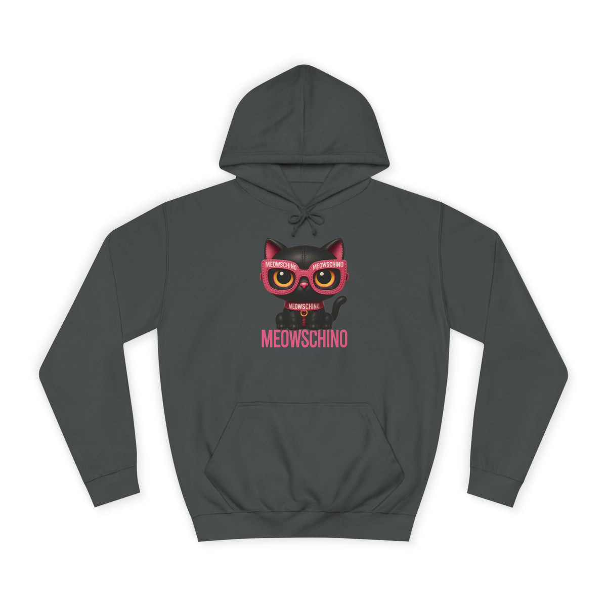 Meowschino Black & Pink Leather Cat Graphic Hoodie in steel grey, front view