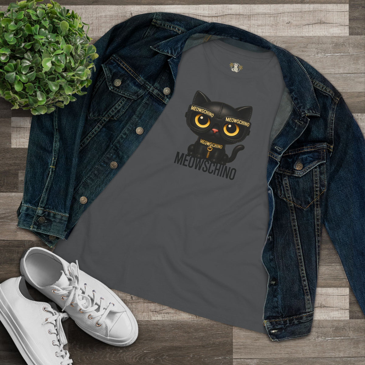 Meowschino Black Leather Cat Graphic Women's T-Shirt in asphalt, flat lay