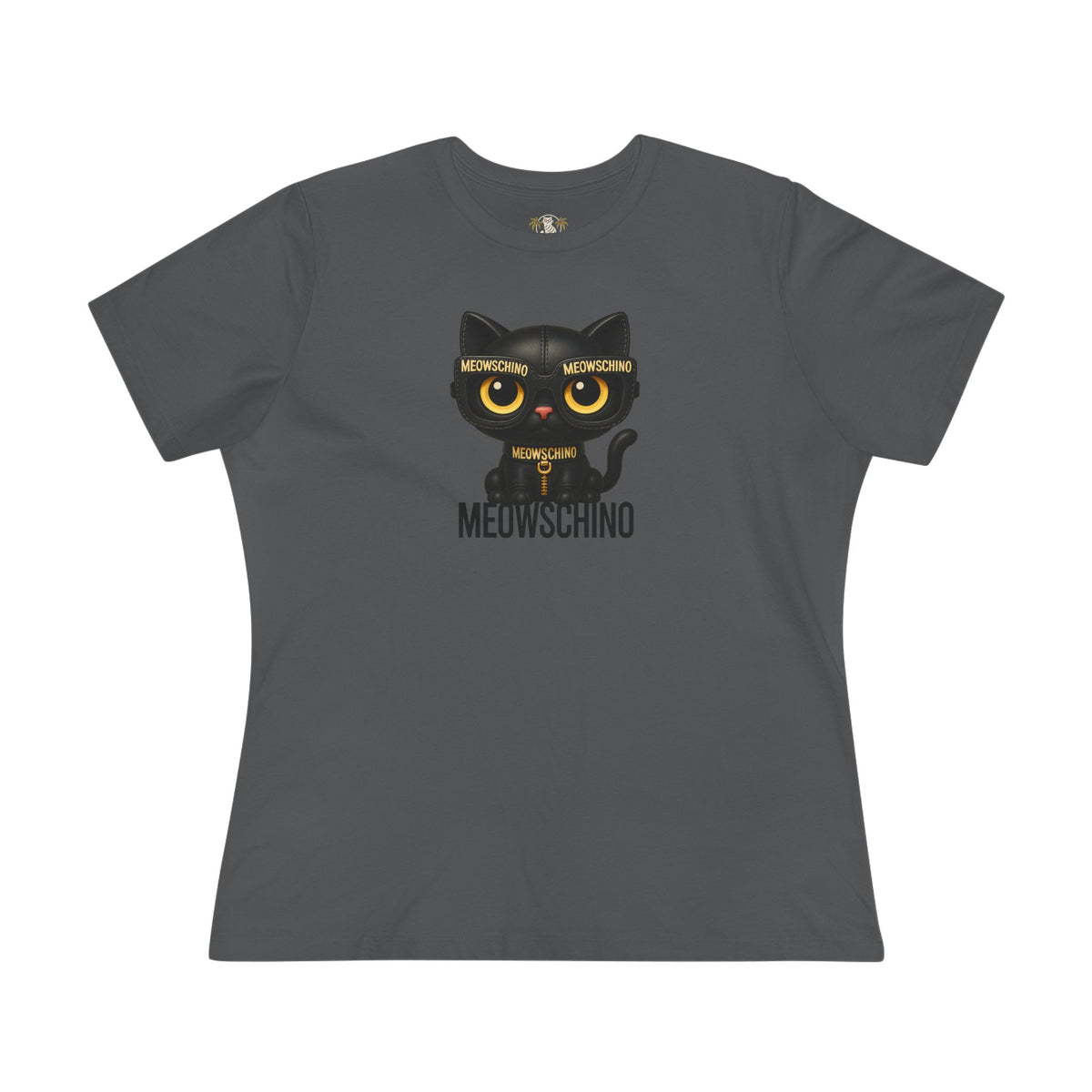 Meowschino Black Leather Cat Graphic Women's T-Shirt in asphalt, front view