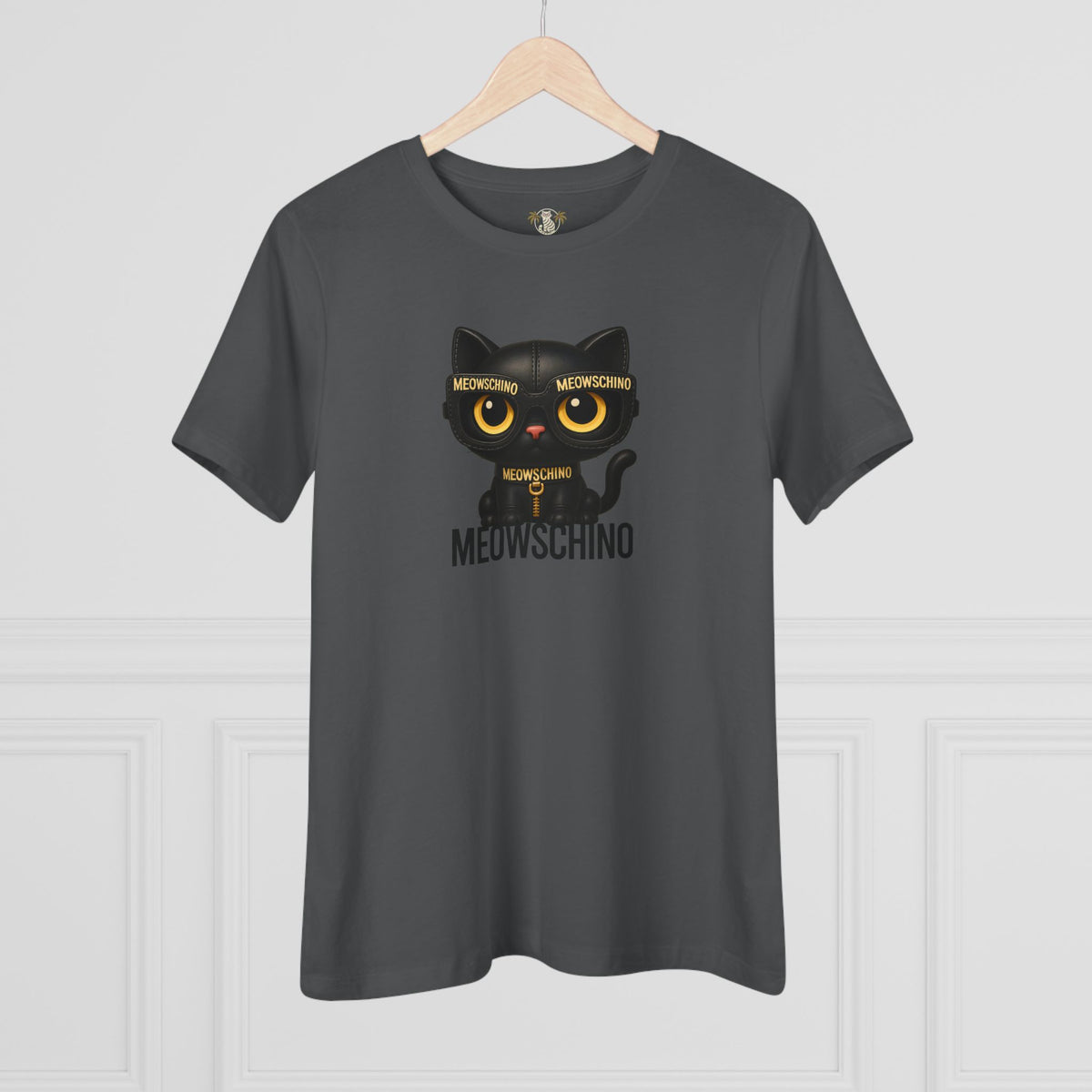 Meowschino Black Leather Cat Graphic Women's T-Shirt in asphalt, on a hanger