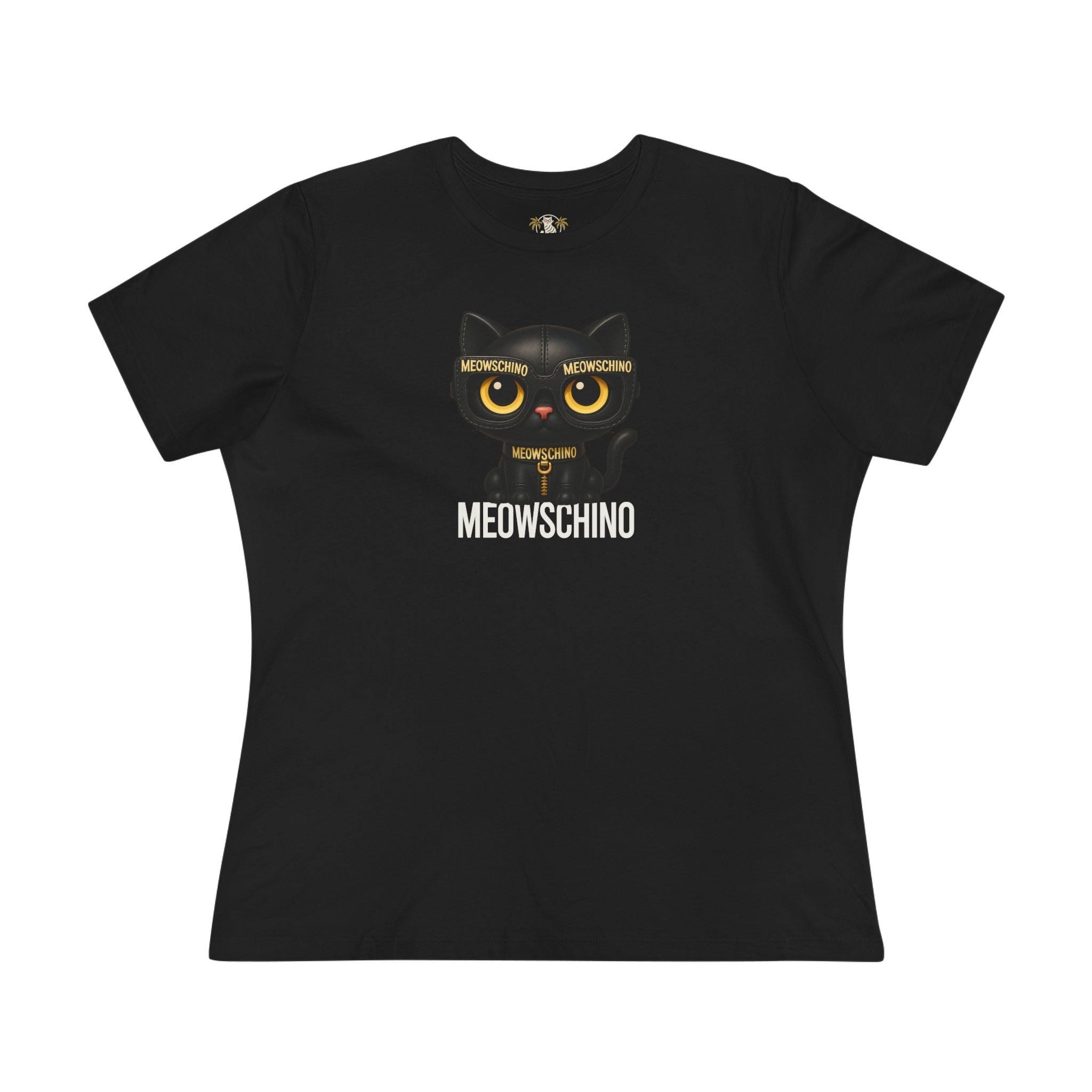 Meowschino Black Leather Cat Graphic Women's T-Shirt in black, front view