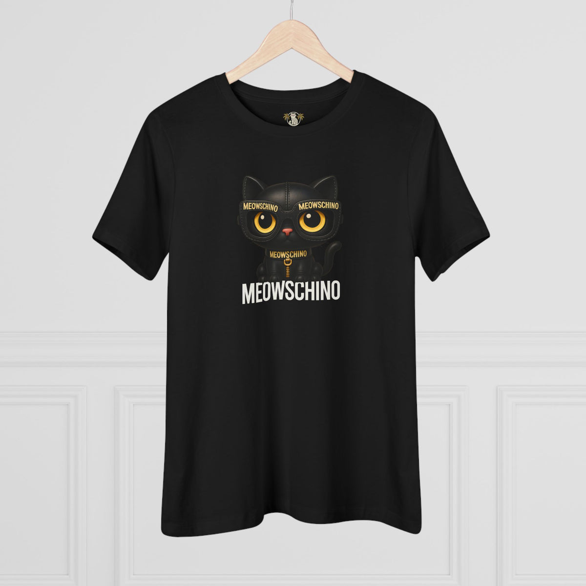 Meowschino Black Leather Cat Graphic Women's T-Shirt in black, on a hanger