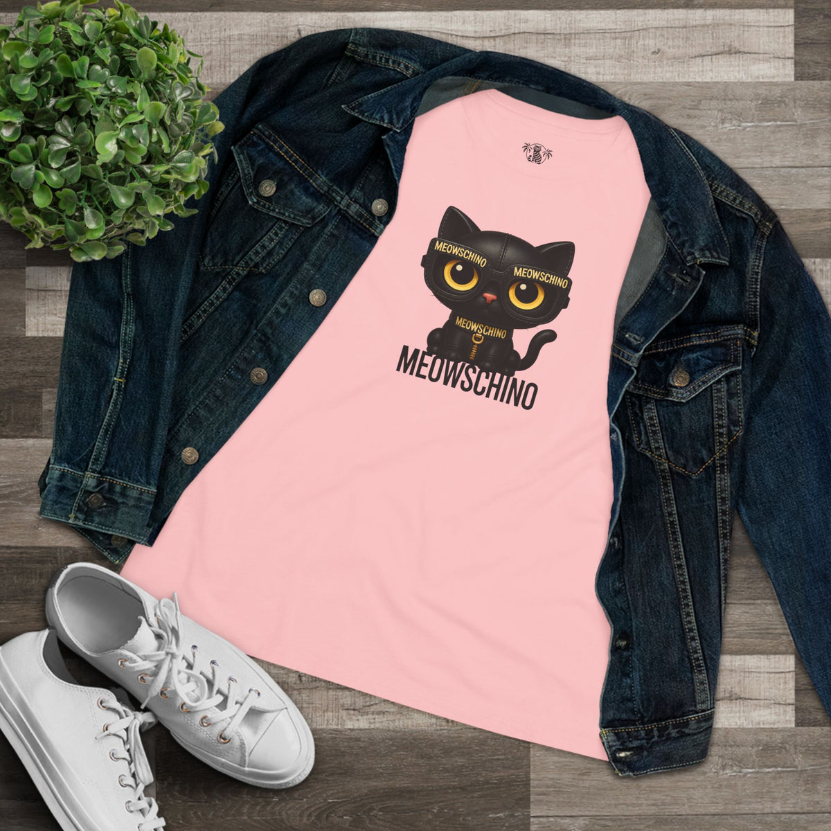 Meowschino Black Leather Cat Graphic Women's T-Shirt in pink, flat lay