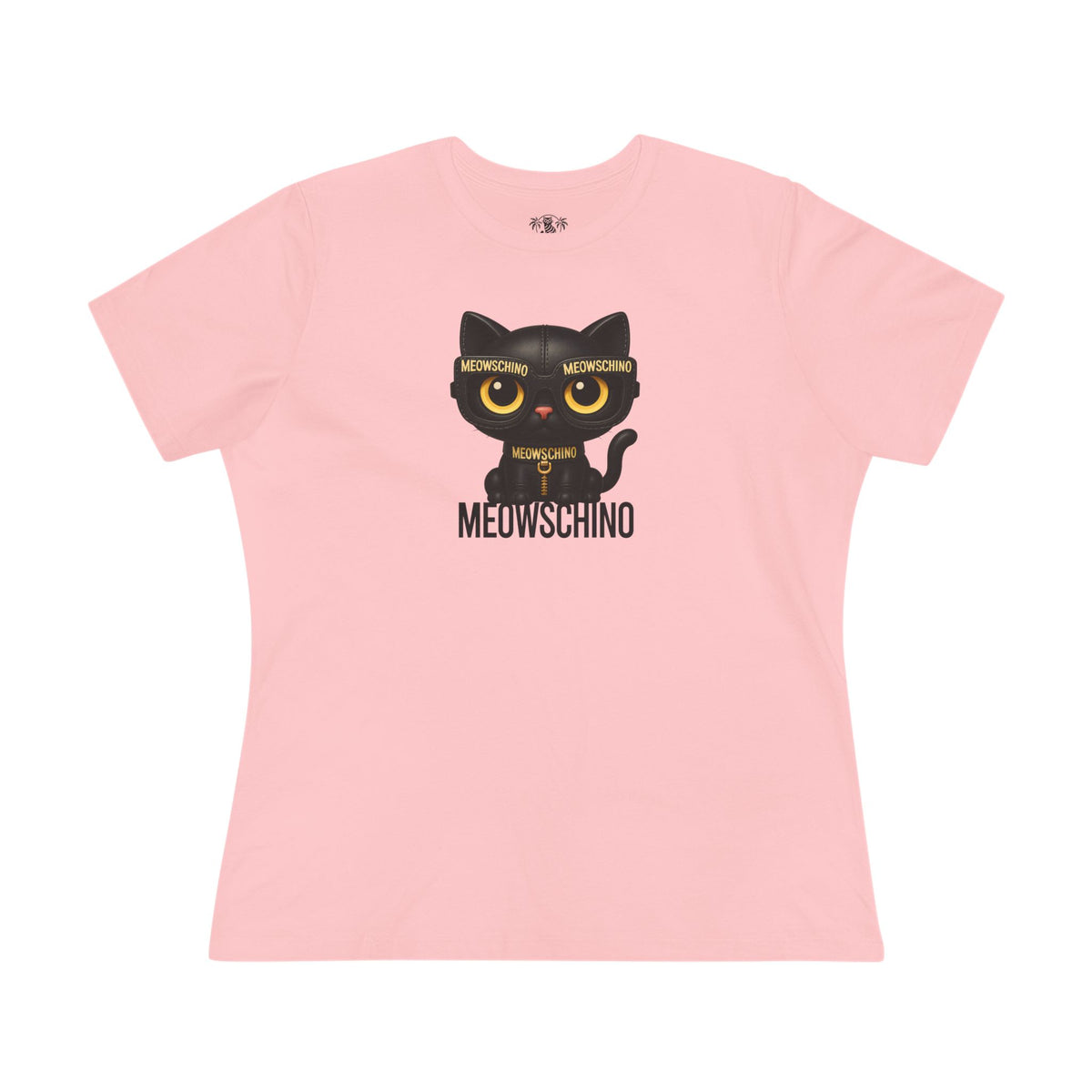 Meowschino Black Leather Cat Graphic Women's T-Shirt in pink, front view