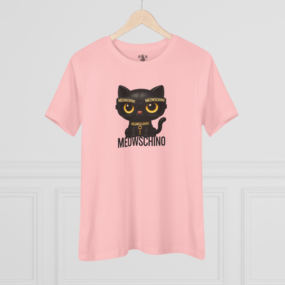 Meowschino Black Leather Cat Graphic Women's T-Shirt in pink, on a hanger