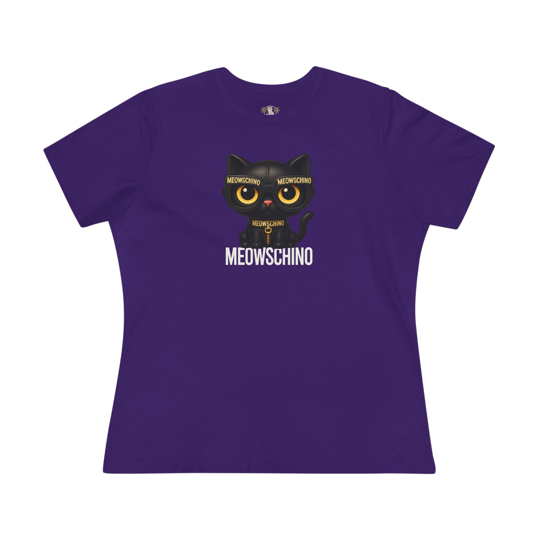 Meowschino Black Leather Cat Graphic Women's T-Shirt in team purple, front view