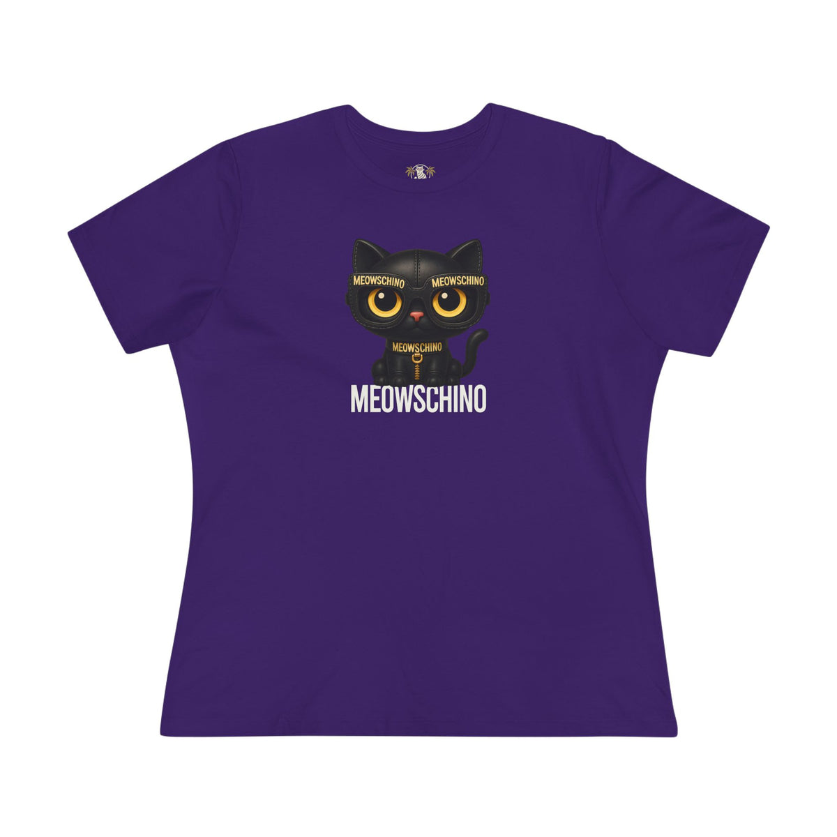 Meowschino Black Leather Cat Graphic Women's T-Shirt in team purple, front view