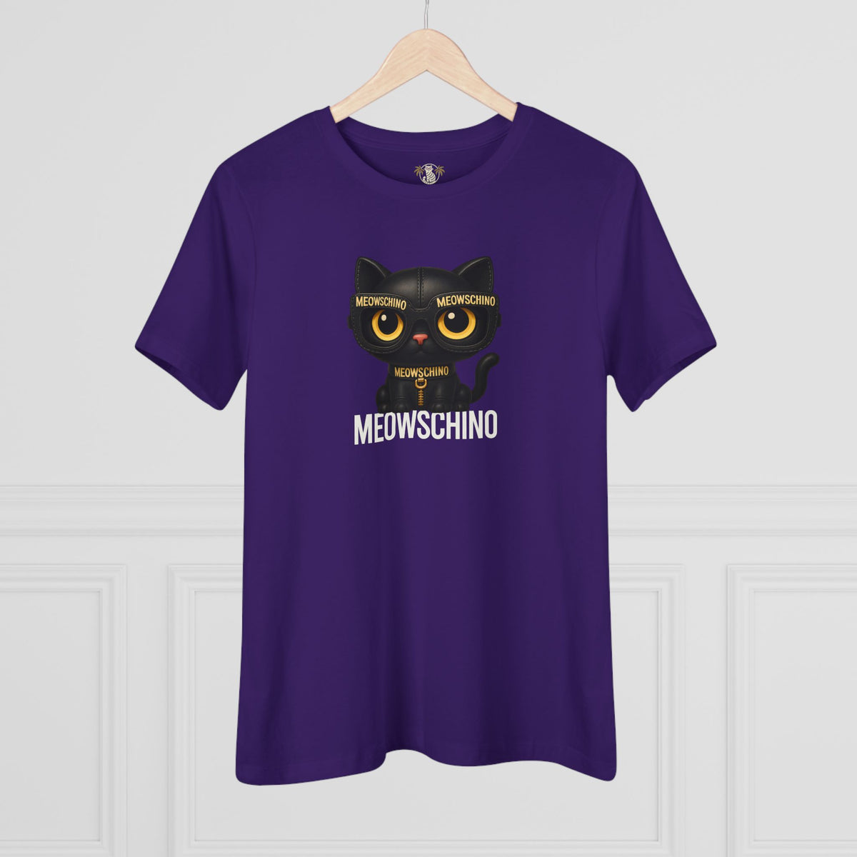 Meowschino Black Leather Cat Graphic Women's T-Shirt in team purple, on a hanger