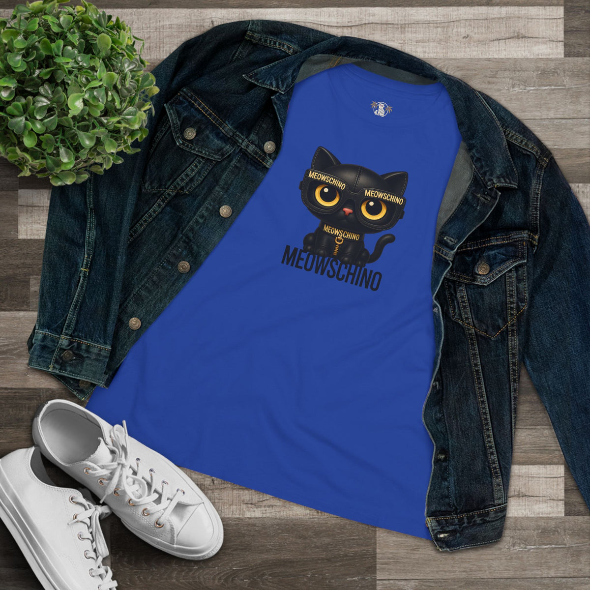 Meowschino Black Leather Cat Graphic Women's T-Shirt in true royal, flat lay
