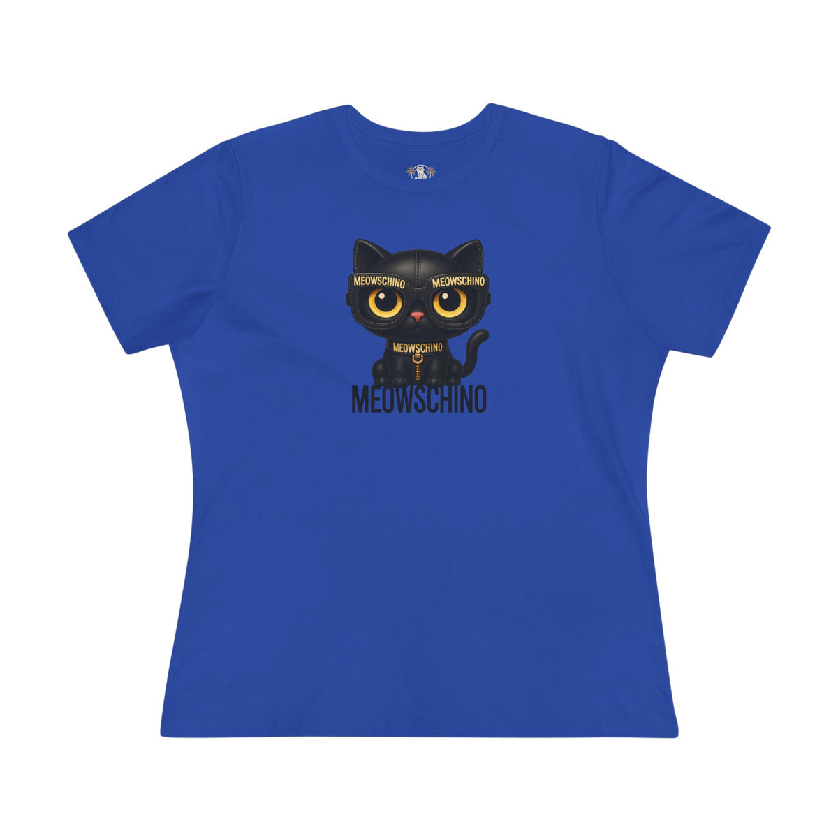 Meowschino Black Leather Cat Graphic Women's T-Shirt in true royal, front view