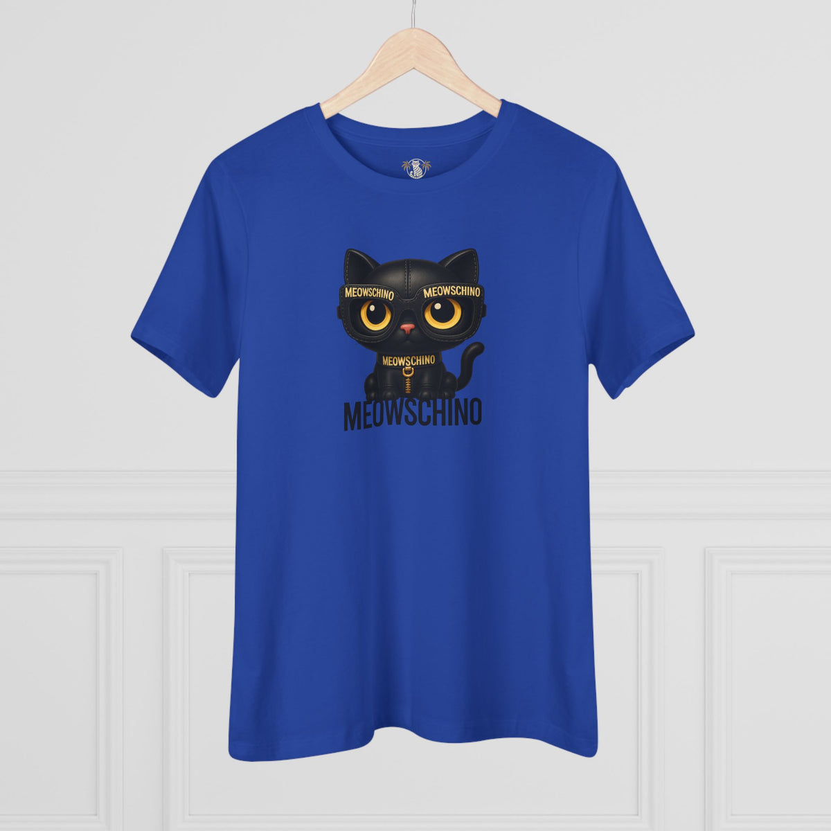 Meowschino Black Leather Cat Graphic Women's T-Shirt in true royal, on a hanger