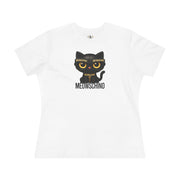 Meowschino Black Leather Cat Graphic Women's T-Shirt in white, front view