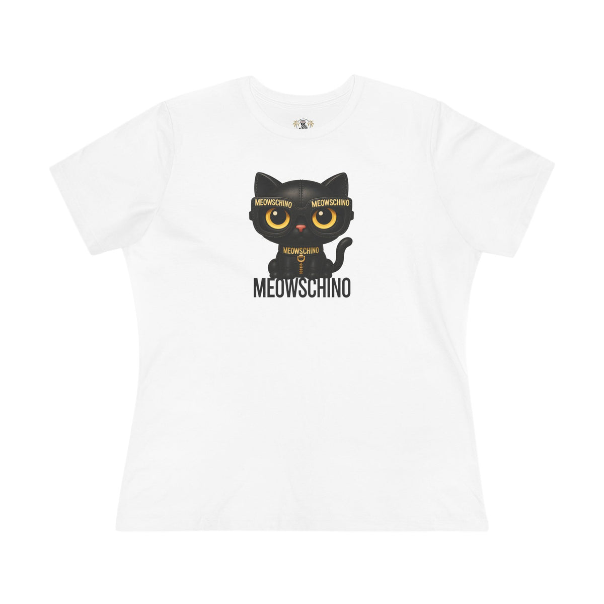 Meowschino Black Leather Cat Graphic Women's T-Shirt in white, front view