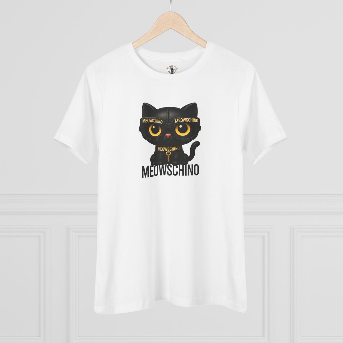 Meowschino Black Leather Cat Graphic Women's T-Shirt in white, on a hanger