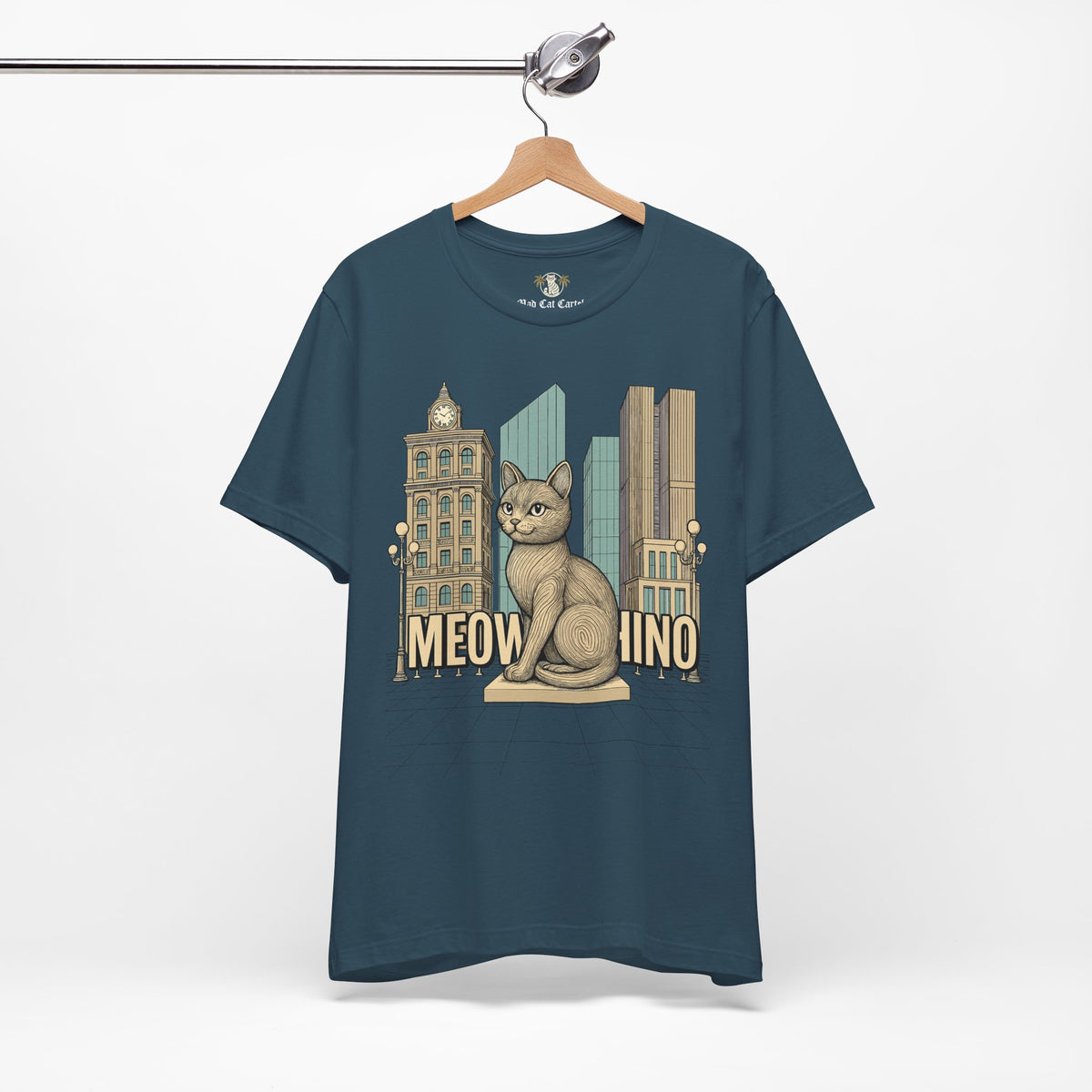 Meowschino City Cat Statue Graphic T-Shirt in deep teal, on a hanger