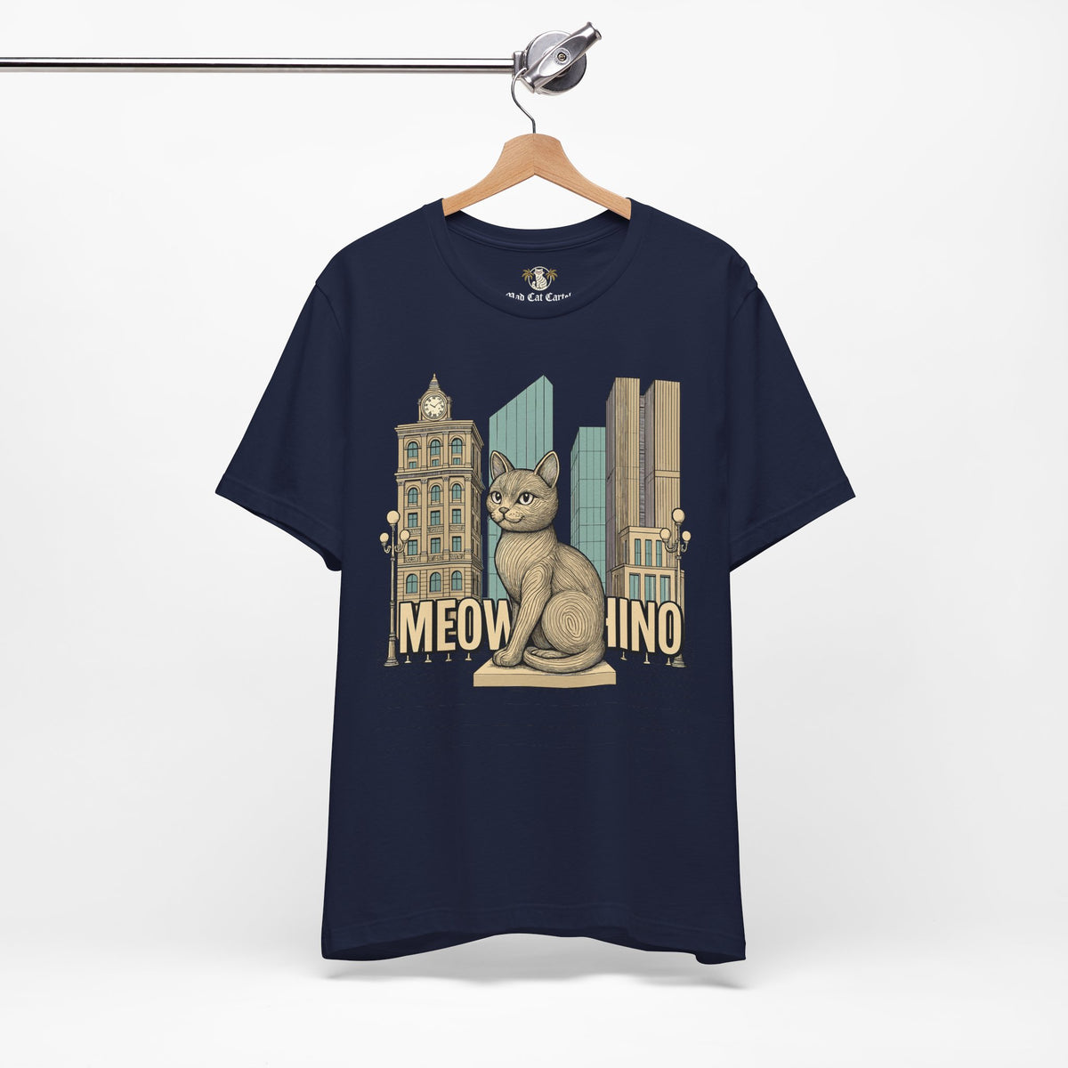 Meowschino City Cat Statue Graphic T-Shirt in navy, on a hanger