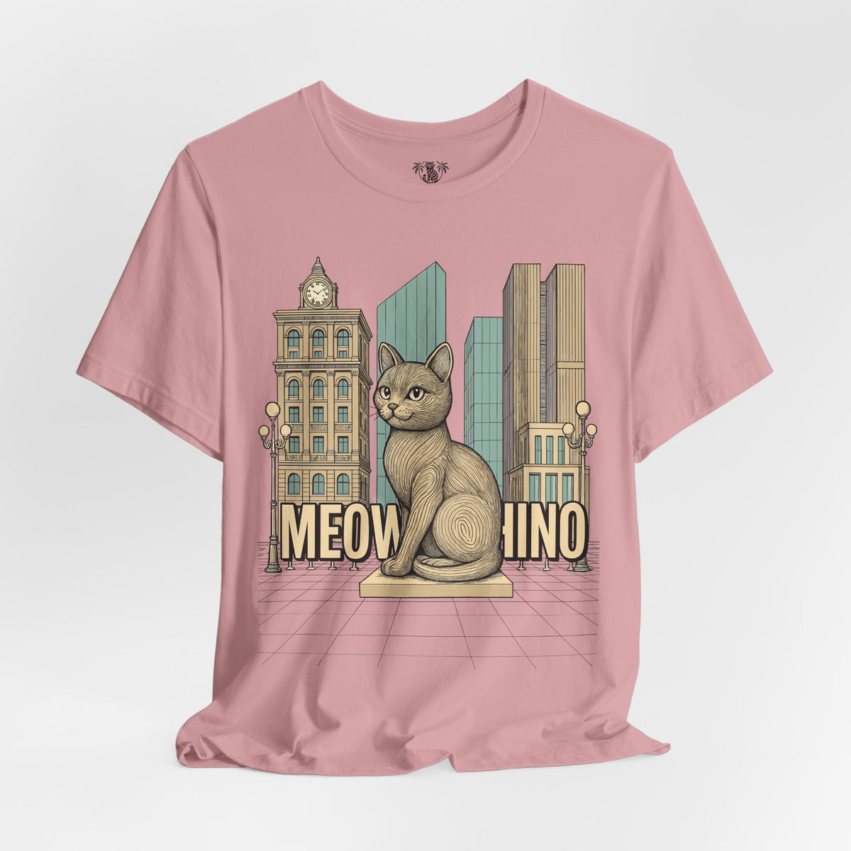 Meowschino City Cat Statue Graphic T-Shirt in orchid, front view