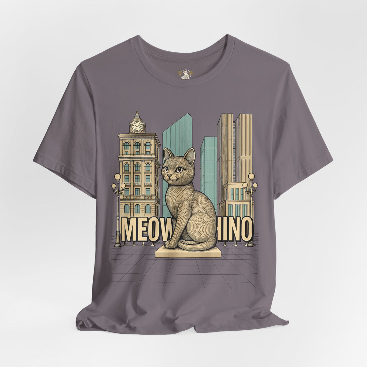 Meowschino City Cat Statue Graphic T-Shirt in storm, front view