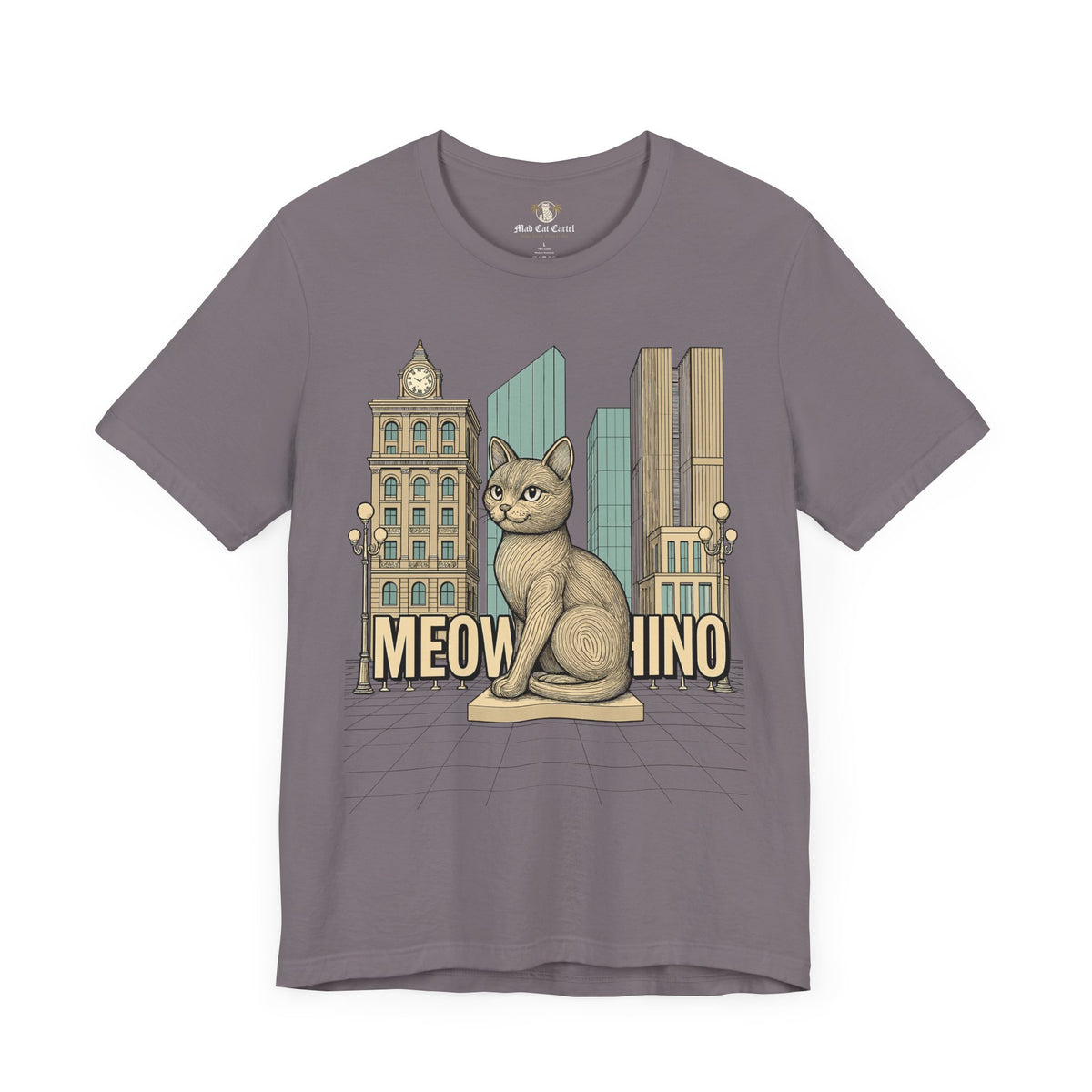 Meowschino City Cat Statue Graphic T-Shirt in storm, front view