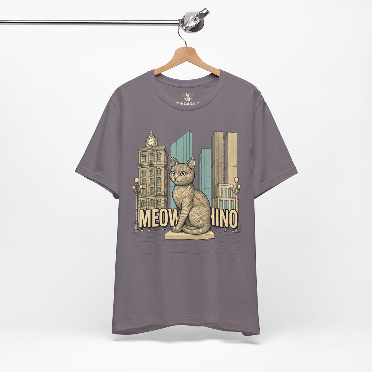 Meowschino City Cat Statue Graphic T-Shirt in storm, on a hanger