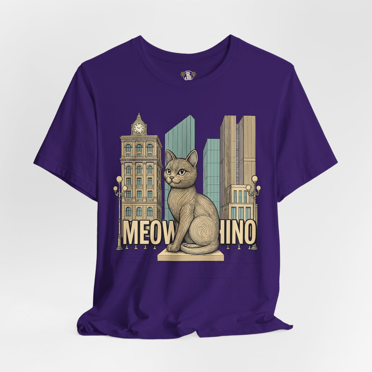 Meowschino City Cat Statue Graphic T-Shirt in team purple, front view