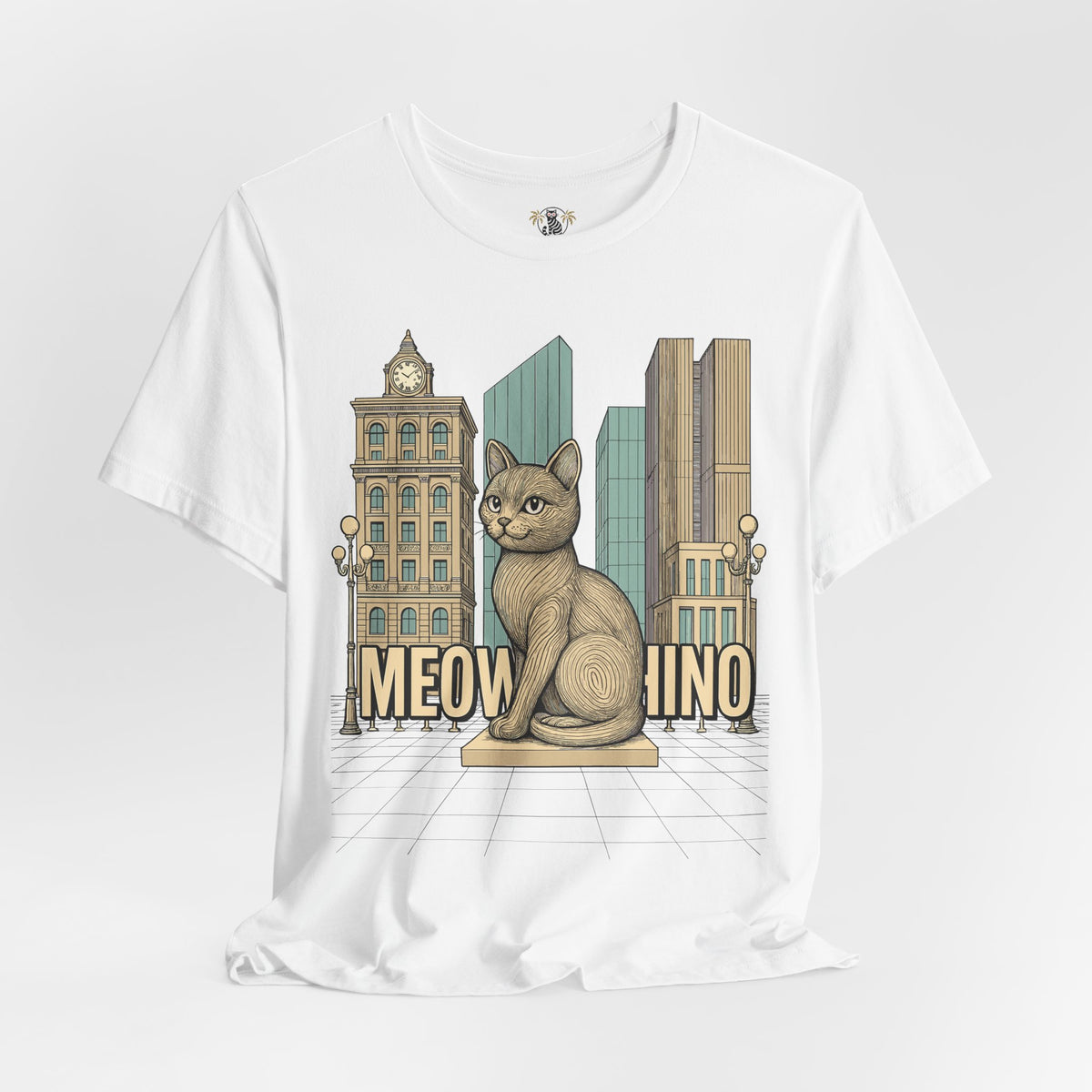 Meowschino City Cat Statue Graphic T-Shirt in white, front view