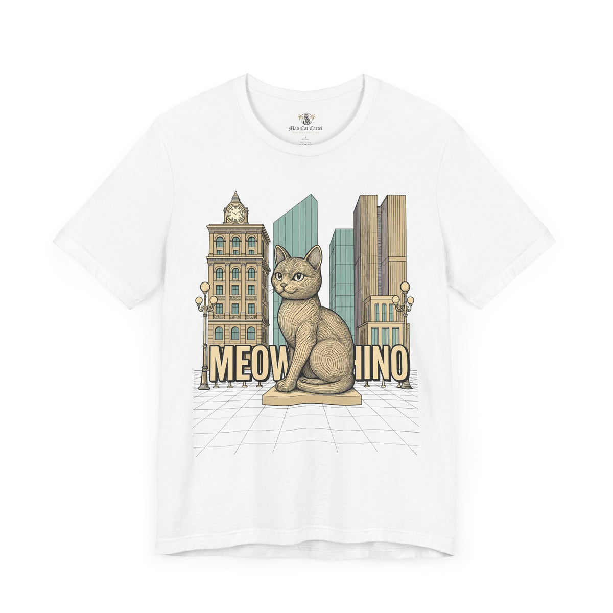 Meowschino City Cat Statue Graphic T-Shirt in white, front view