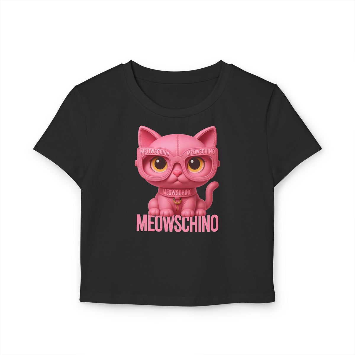 Meowschino Full Pink Leather Cat Graphic Women's Baby Tee in black, front view