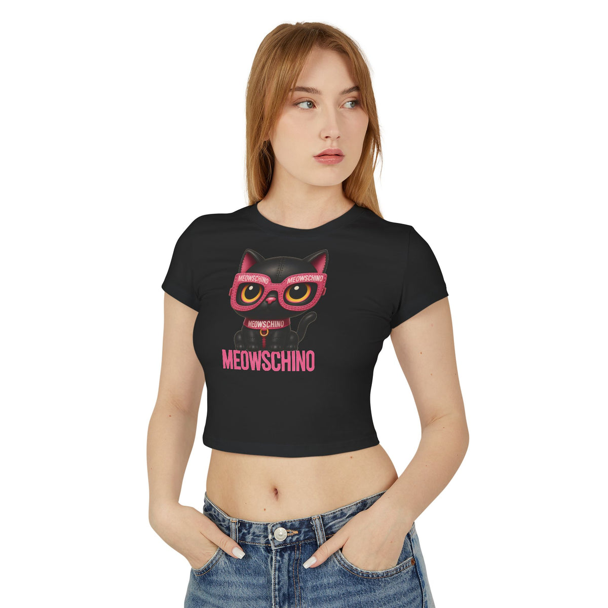 Meowschino Pink Leather Cat Graphic Women's Baby Tee in black, worn by a female model