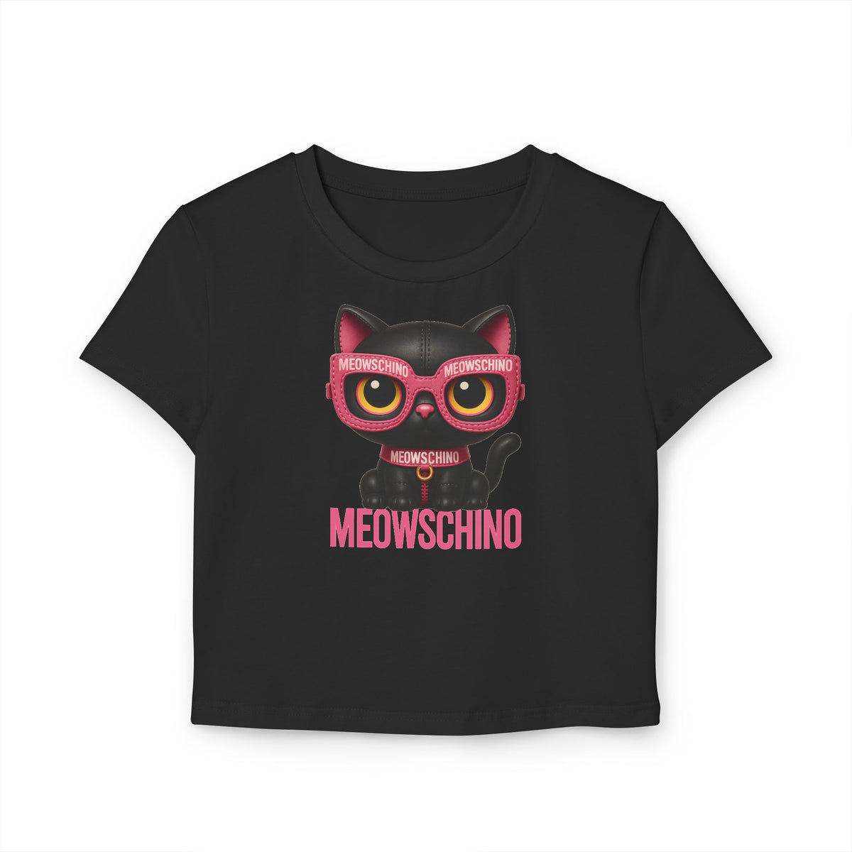 Meowschino Pink Leather Cat Graphic Women's Baby Tee in black, front view