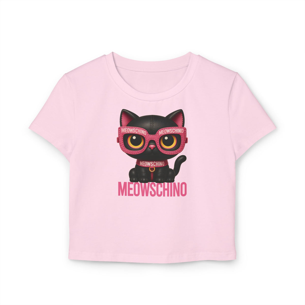 Meowschino Pink Leather Cat Graphic Women's Baby Tee in light pink, front view