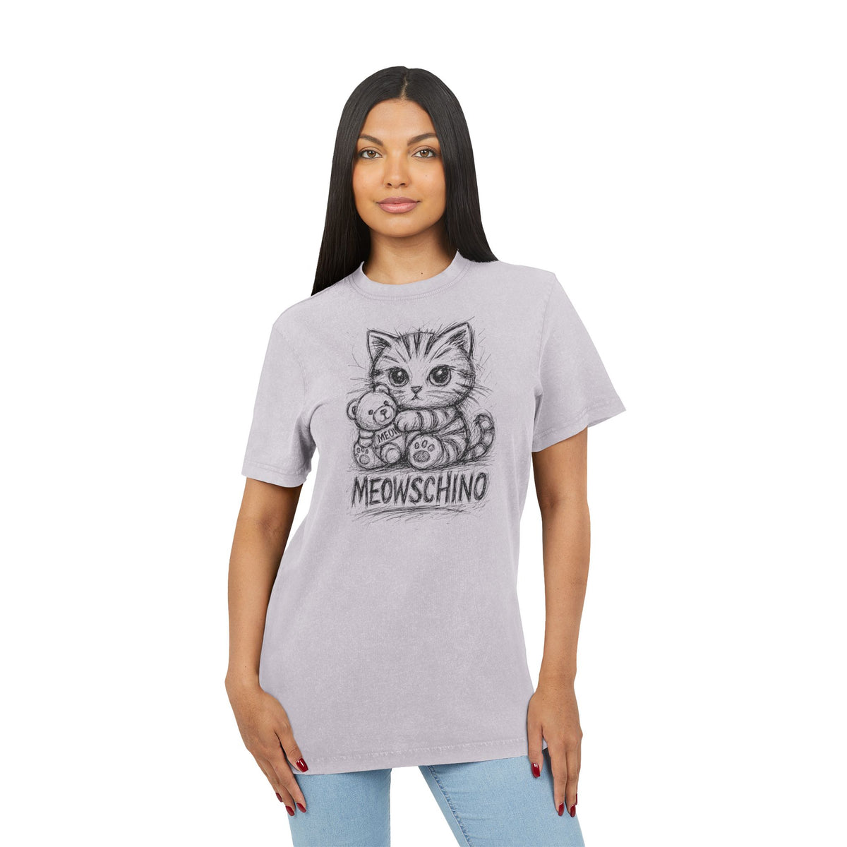 Meowschino Sketch Teddy Cat Acid Washed Graphic T-Shirt in soft lilac, worn by a female model