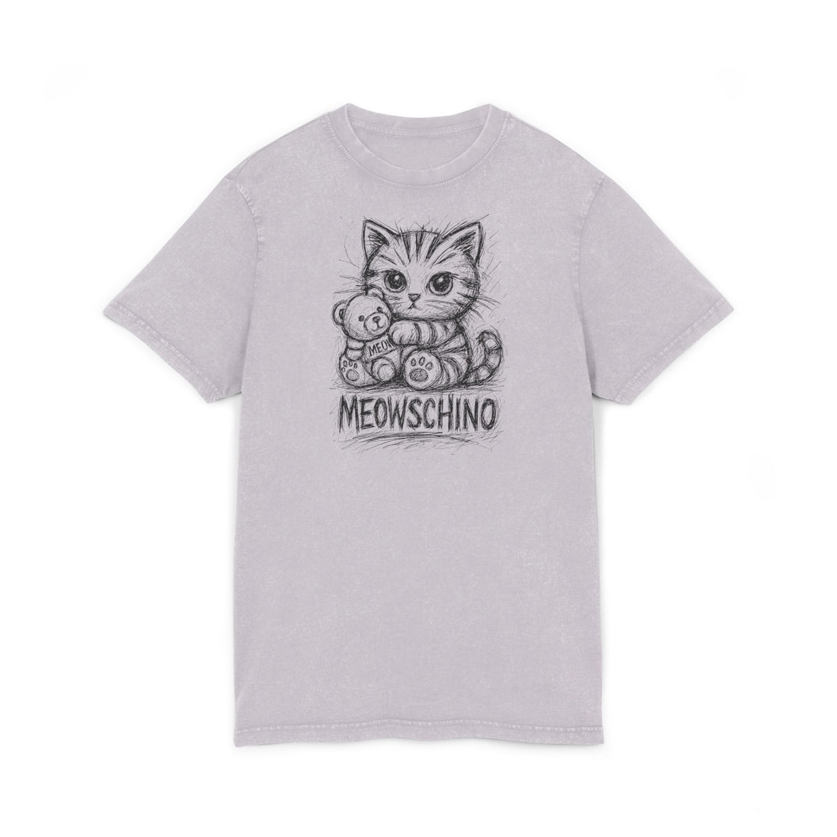 Meowschino Sketch Teddy Cat Acid Washed Graphic T-Shirt in soft lilac, front view