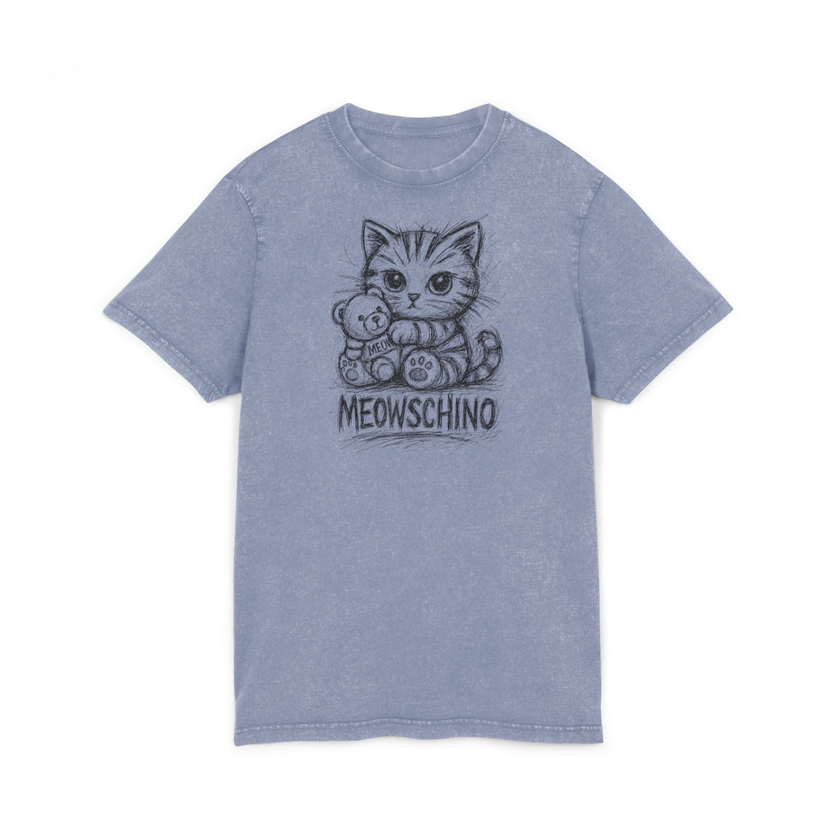 Meowschino Sketch Teddy Cat Acid Washed Graphic T-Shirt in vintage blue, front view