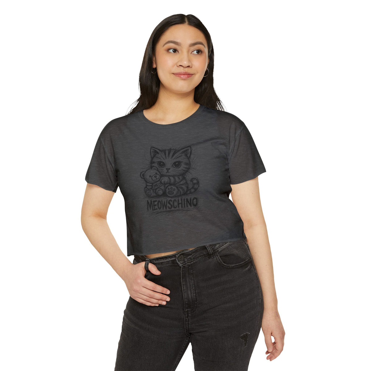 Meowschino Sketch Teddy Cat Women's Festival Crop Top in charcoal, worn by a female model
