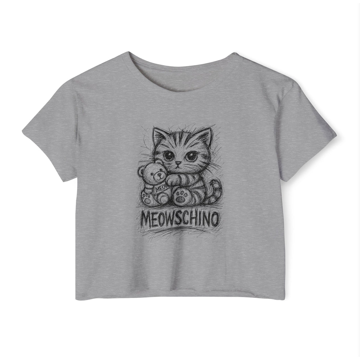 Meowschino Sketch Teddy Cat Women's Festival Crop Top in heather grey, front view