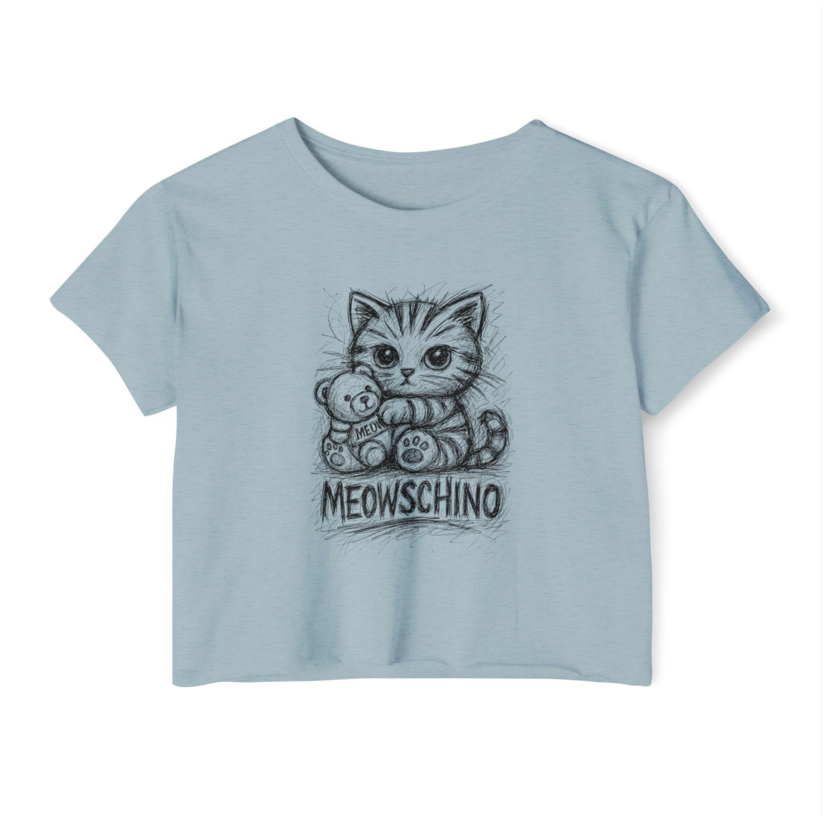 Meowschino Sketch Teddy Cat Women's Festival Crop Top in stonewash denim, front view